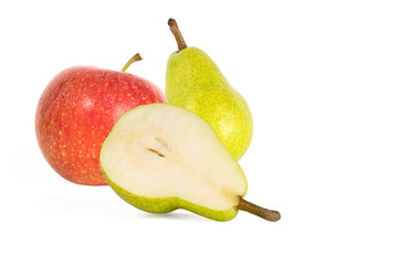 ripe juicy yellow pears and red apple isolated on white background