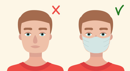 Young brown hair woman in medical mask. Concept of protection against viruses, flu, coronavirus. Prevention of an epidemic. Flat vector illustration.