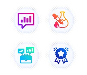 Chemistry experiment, Analytical chat and Business portfolio icons simple set. Button with halftone dots. Ranking star sign. Laboratory flask, Communication speech bubble, Job interview. Vector