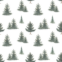 Watercolor hand drawn seamless pattern with spruce trees. Coniferous forest print isolated on white background good for wallpaper, textile, print etc.