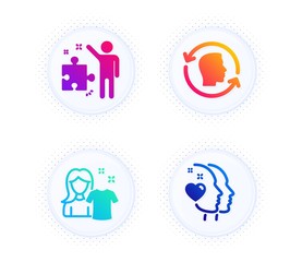 Clean shirt, Face id and Strategy icons simple set. Button with halftone dots. Heart sign. Laundry t-shirt, Identification system, Business plan. Love head. People set. Vector