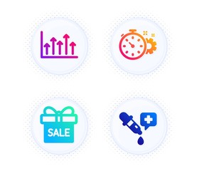 Cogwheel timer, Sale offer and Growth chart icons simple set. Button with halftone dots. Chemistry pipette sign. Engineering tool, Gift box, Upper arrows. Laboratory. Business set. Vector