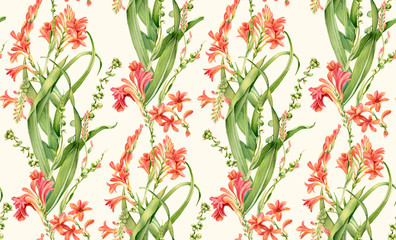 Watercolor seamless pattern. Crocosmia flowers in bloom. Classical vintage floral design on beige background. Botanical floral illustration for wrapping paper, textile, wallpaper
