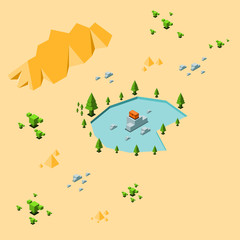 Orange treasure chest on stone in oasis with tree around have cactus and rock at the desert as background, isometric vector illustration and copy space.