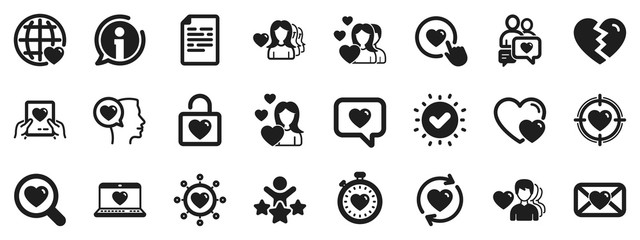 Couple, Romantic and Heart signs. Love icons. Valentines day love symbols. Divorce or Break up. Approved check, document. Info bubble, customer rating. Quality set. Vector