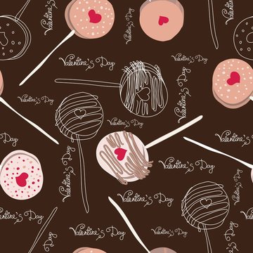 Valentine's day Seamless pattern with cute and yummy collection chocolate covered oreo pops vector illustration on brown background. Love pastry sweets vector bakery products desserts. 