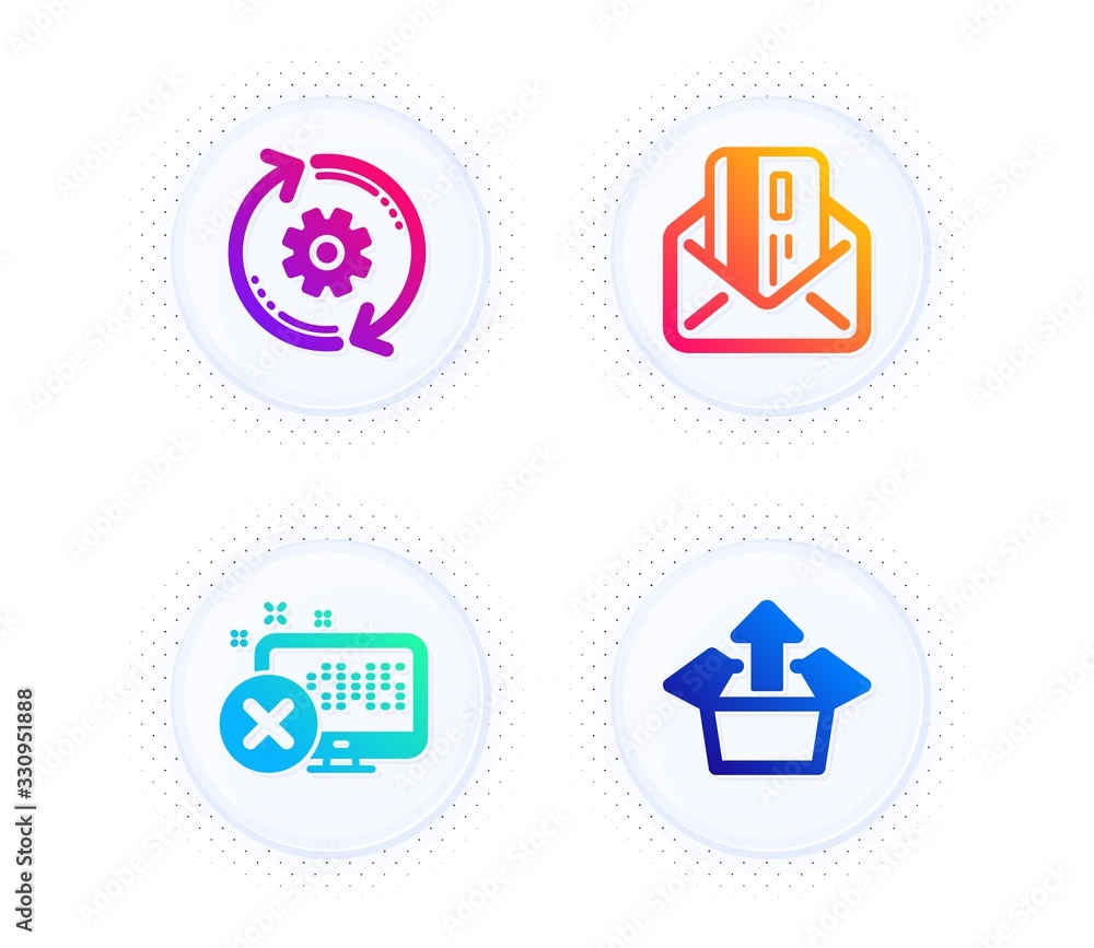 Poster credit card, reject access and cogwheel icons simple set. button with halftone dots. send box sign. 