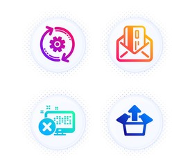 Credit card, Reject access and Cogwheel icons simple set. Button with halftone dots. Send box sign. Mail, Delete device, Engineering tool. Delivery package. Business set. Vector