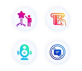 Credit card, Speaker and Star icons simple set. Button with halftone dots. Stop talking sign. Atm payment, Music sound, Launch rating. Do not talk. Technology set. Vector