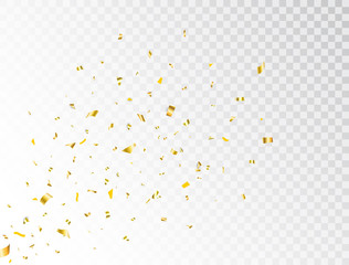 Confetti gold splash. Glitter golden confetti falling on transparent background. Party backdrop. Bright golden festive tinsel. Holiday design elements for web banner, poster, flyer, invitation. Vector - obrazy, fototapety, plakaty