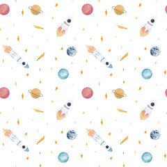 Watercolor hand drawn seamless pattern with colorful outer space objects (space ships, rocket, planets, stars, comets, moon etc) isolated on white background, good for wallpaper, textile, print.