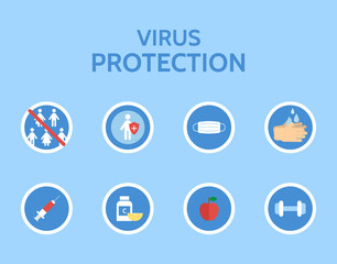 Virus protection infographic. Stop virus. Medical examination. Corona virus prevention. Virus Covid 19-NCP. Danger virus isolated on white background. Antiviral immunity. Vector illustration