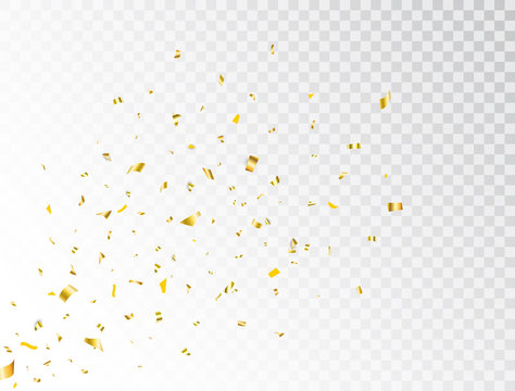Confetti gold splash. Glitter golden confetti falling on transparent background. Party backdrop. Bright golden festive tinsel. Holiday design elements for web banner, poster, flyer, invitation. Vector