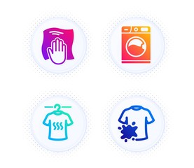 Dry t-shirt, Washing cloth and Washing machine icons simple set. Button with halftone dots. Dirty t-shirt sign. Laundry shirt, Wipe with a rag, Laundry service. Cleaning set. Vector