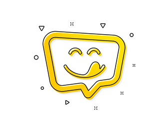 Emoticon with tongue sign. Yummy smile icon. Speech bubble symbol. Yellow circles pattern. Classic yummy smile icon. Geometric elements. Vector