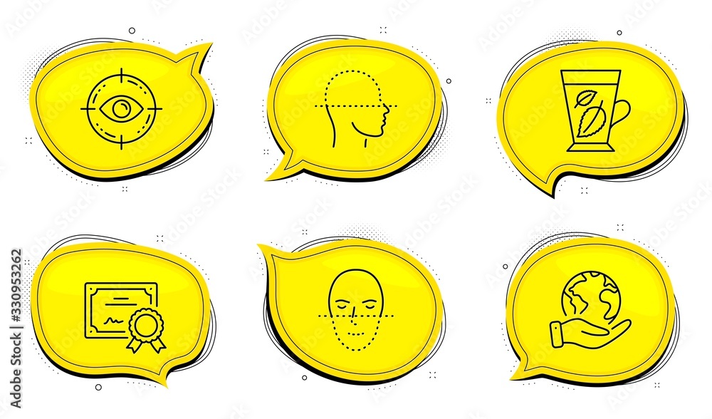 Poster face recognition sign. diploma certificate, save planet chat bubbles. mint leaves, eye target and fa
