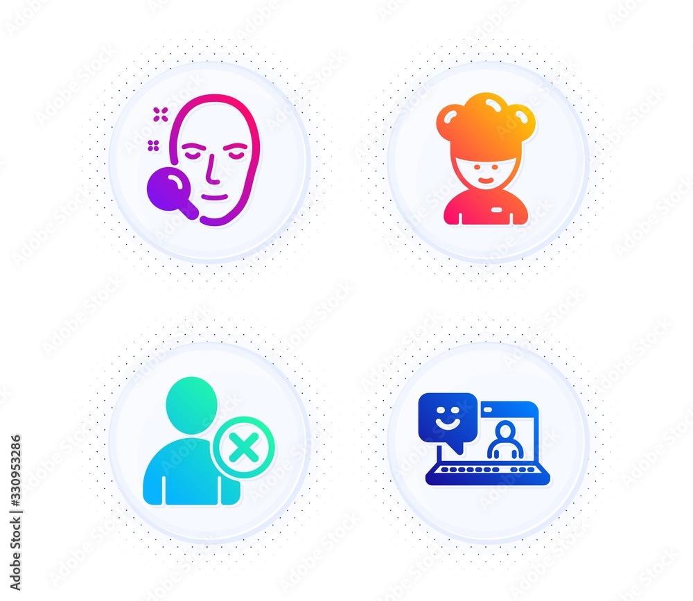 Poster face search, delete user and cooking chef icons simple set. button with halftone dots. smile sign. f