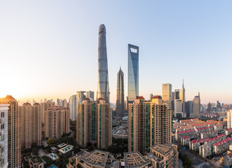 Aerial view of Shanghai city skyline at dusk