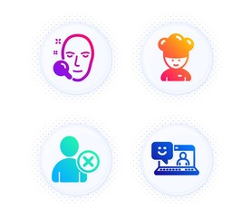 Face search, Delete user and Cooking chef icons simple set. Button with halftone dots. Smile sign. Find user, Remove profile, Sous-chef. Laptop feedback. People set. Vector
