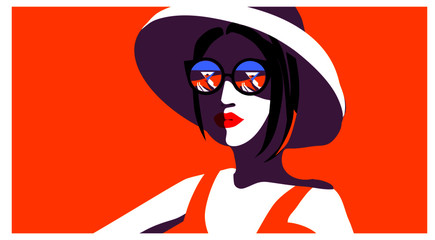 Beautiful young woman with sunglasses and hat, retro style. Pop art. Summer holiday. Vector eps10 illustration - Vector