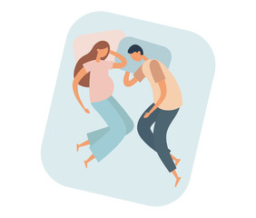 Fototapeta na wymiar Man and pregnant woman sleeping on bed. Flat vector illustration