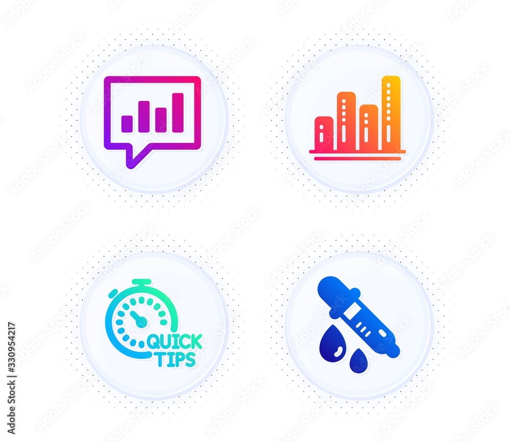 Poster graph chart, quick tips and analytical chat icons simple set. button with halftone dots. chemistry p