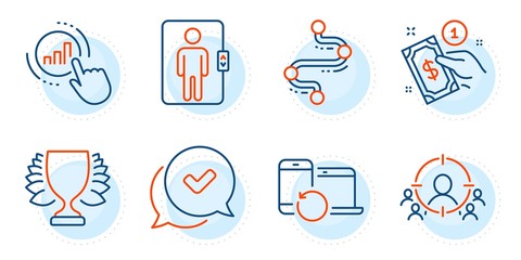 Fototapeta premium Graph chart, Approved and Payment method signs. Winner, Elevator and Business targeting line icons set. Timeline, Recovery devices symbols. Sports achievement, Office transportation. Vector