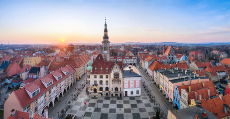 Jawor, Poland, Aerial view of Rynek square with historic building of Town Hall on sunrise