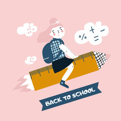 Back to School concept. Happy girl rejoices to return to school. Vector illustration.