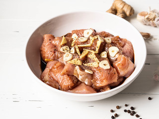 Raw diet marinated turkey meat with garlic, ginger and teriyaki sauce in white bowl. Marinating meat for cooking barbecue