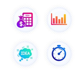 Idea, Finance calculator and Column chart icons simple set. Button with halftone dots. Timer sign. Creative message, Calculate money, Financial graph. Deadline management. Education set. Vector