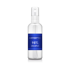 Transparent bottle with atomizer. Antiseptic, sanitizer. Mock up bottle cosmetic or medical vial, flask, flacon 3d illustration
