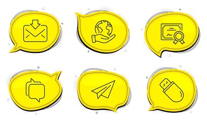 Incoming mail sign. Diploma certificate, save planet chat bubbles. Messenger, Paper plane and Usb stick line icons set. Speech bubble, Airplane, Memory flash. Download message. Business set. Vector