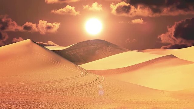 Sandy dunes. Desert wind and storm. Hell sunrise.