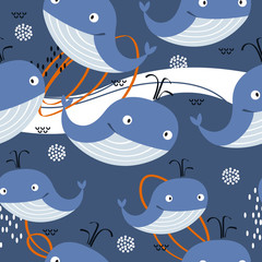 Happy whales, hand drawn seamless pattern. Marine background vector. Colorful illustration, overlapping backdrop. Decorative cute wallpaper, good for printing