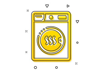 Laundry service sign. Dryer machine icon. Dry clothing symbol. Yellow circles pattern. Classic dryer machine icon. Geometric elements. Vector