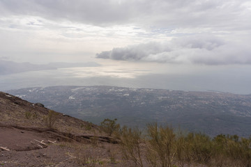 Vesuvius Crater in the clouds in cloudy weather, Italy