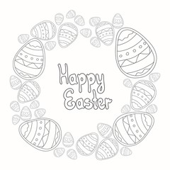 TiskHappy Easter. Cute black and white greeting card with wreath of Easter eggs and festive lettering. Doodle vector illustration isolated on pastel background.