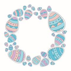 Happy Easter. Cute colorful greeting card with wreath of Easter eggs. Doodle vector illustration isolated on pastel background.