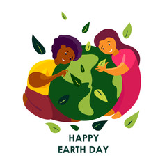 Earth Day International Holiday. Children Hug Flowered Globe Planet.Saving Healthy Nature. Environment Friendly,Ecology Support Concept