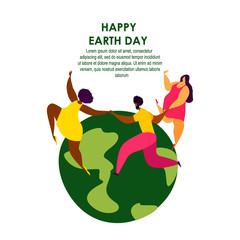 Group of People Women and Man are Dancing on the Planet Globe. Happy Earth Day Celebrating, Holding Hands.Ecology Support, Environment Friendly