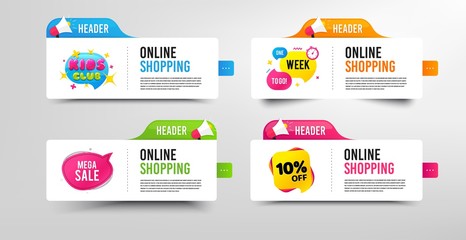 Mega sale, 10% discount and Kids club. Megaphone promotional banner. Discount banner with speech bubble. One week to go badge. Online shopping template with loudspeaker. Vector