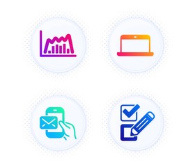 Messenger mail, Laptop and Infographic graph icons simple set. Button with halftone dots. Checkbox sign. New e-mail, Mobile computer, Line diagram. Survey choice. Education set. Vector