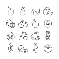 Fruit vector line icon set. Flat symbol of apple, pear, banana, pineapple, lemon, orange, cherry. Editable strokes. Vector illustration.