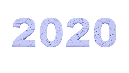 broken 2020 year over white background. The number 2020 is destroyed. 3d illustration