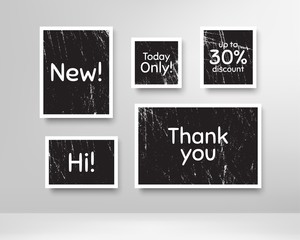 New, 30% discount and today only. Black photo frames with scratches. Thank you phrase. Sale shopping text. Grunge photo frames. Images on wall, retro memory album. Realistic photograph card. Vector
