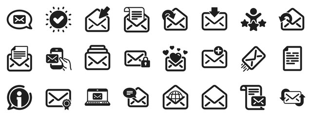 Newsletter, Email document, Correspondence icons. Mail message icons. Received mail, Secure message and Web letter. Post office newsletter, Send email document, private communication. Vector