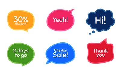 One day sale, 30% discount and 2 days to go. Colorful chat bubbles. Thank you phrase. Sale shopping text. Chat messages with phrases. Texting thought bubbles. Vector