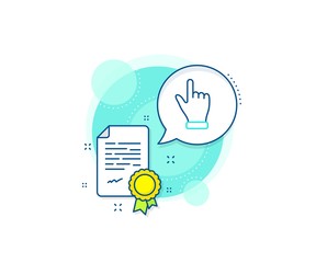 One finger palm sign. Certification complex icon. Click hand line icon. Direction gesture symbol. Certificate or diploma document. Click hand sign. Vector