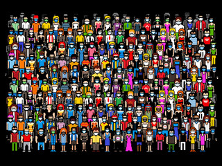 crowd of people wearing masks - quarantine virus threat, pixel art illustration - 330958641